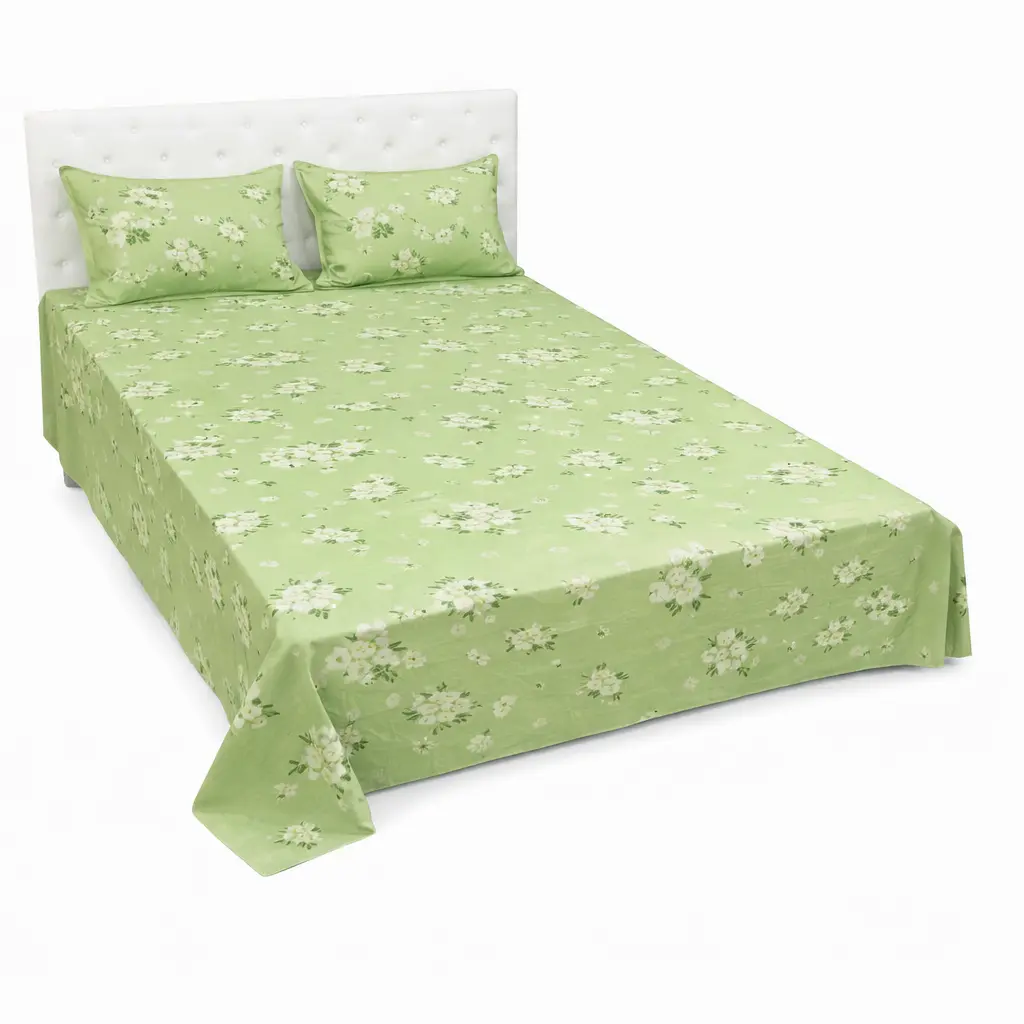 Classical Home Tex Light Green Floral Print Bedsheet and Pillow Cover