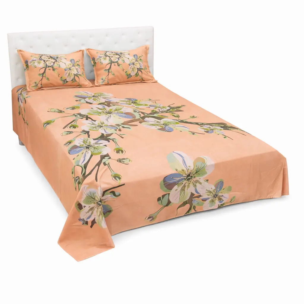 Classical Home Tex Peach Floral Print Bedsheet and Pillow Cover